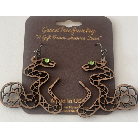 Green Tree Designs Snake Wooden Laser Cut Green Gem Eyes Filigree 2"‎ Earrings - Picture 1 of 6